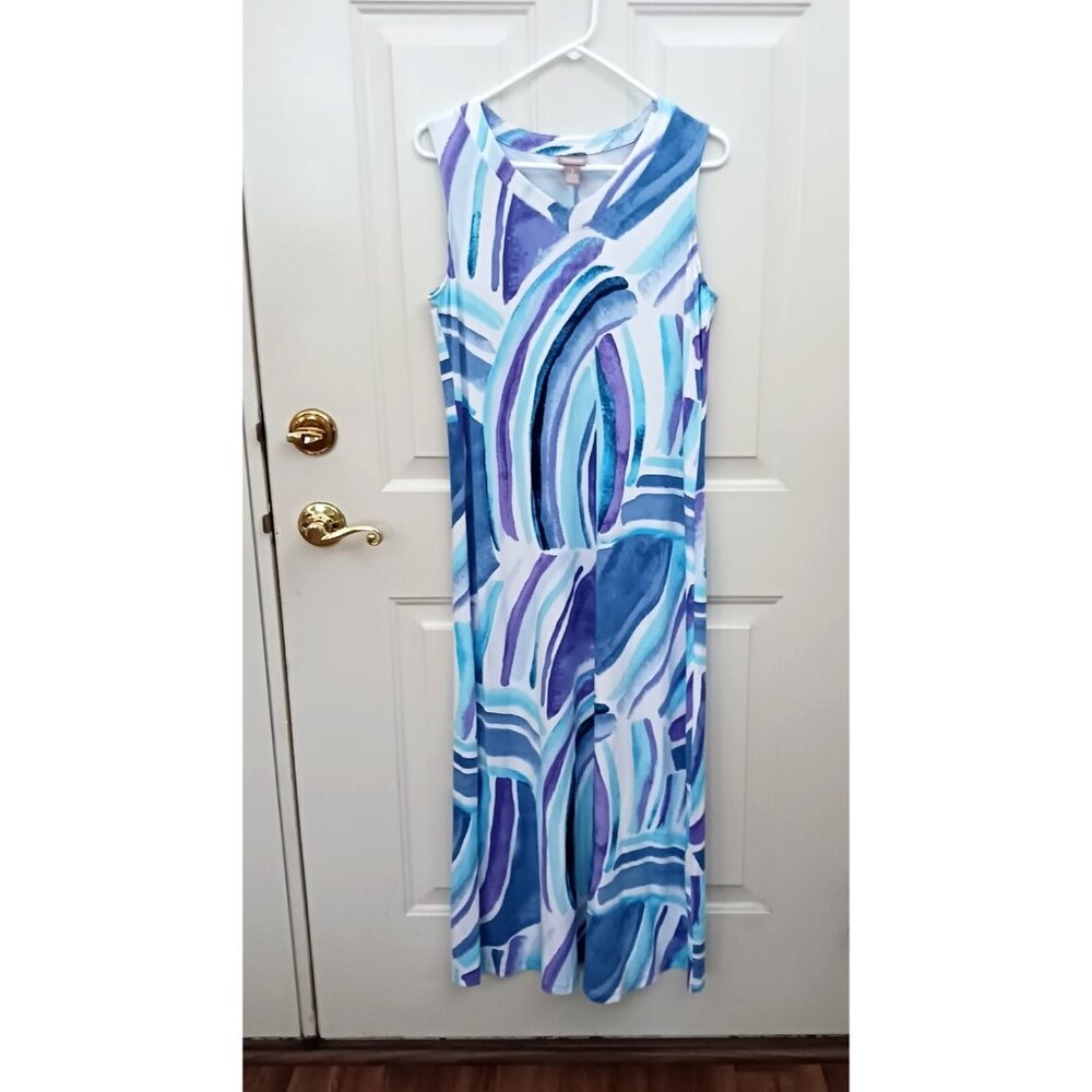 Chico's Size 1 Medium Maxi Sleeveless‎ Dress Watercolor White Purple Blue